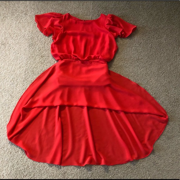 Vintage Red Flared Dress Sz M Chiffon Gathered Design Chic - Picture 6 of 14